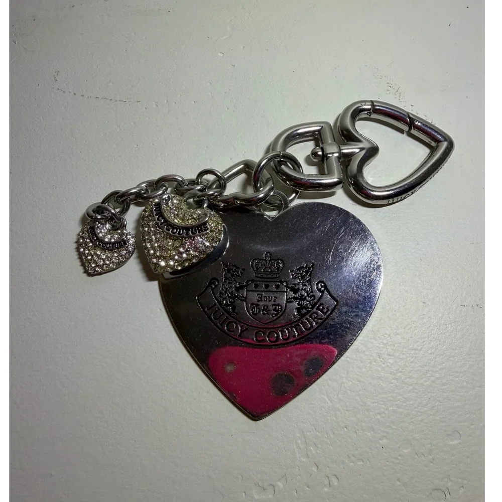 Vintage Y2K Rare Juicy Couture Keychain Bag Charm Heart Rhinestone Logo Silver